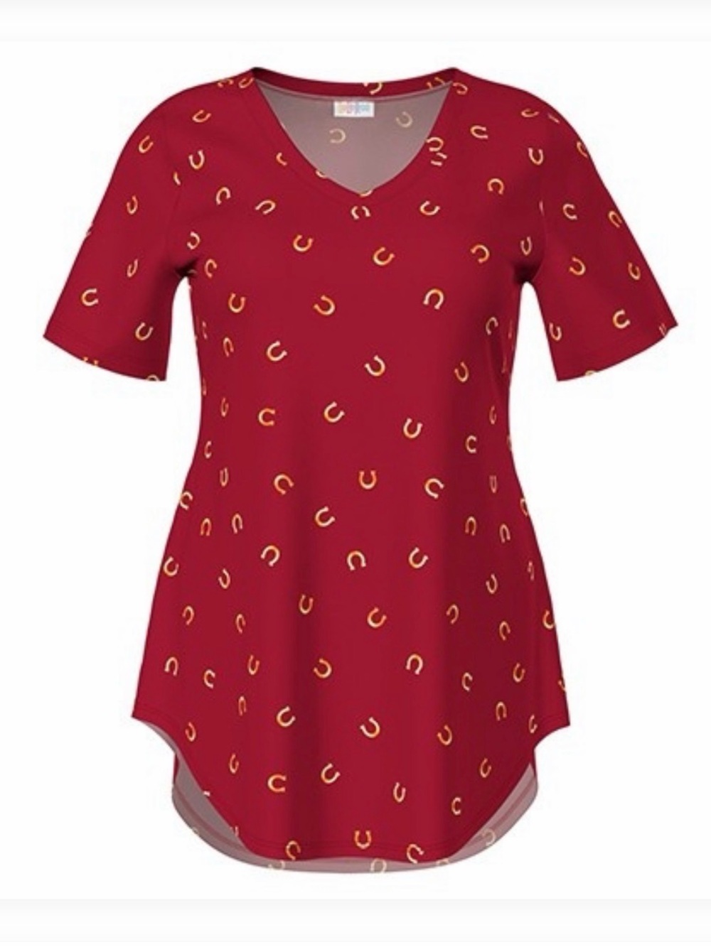 LulaRoe Iris V-Neck Tunic Top - Red with Gold Print